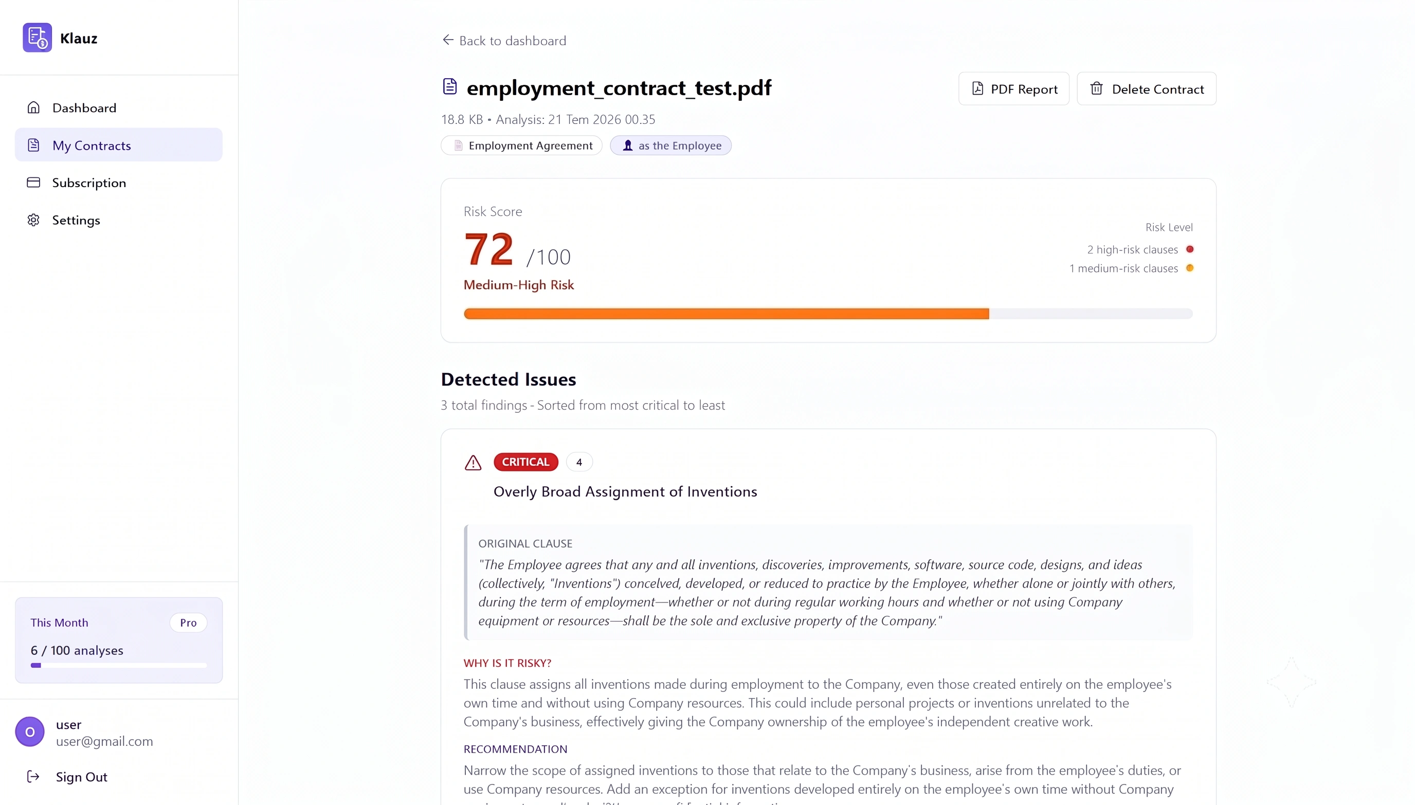 Klauz contract risk analysis screen
